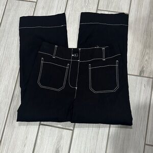 Black Ankle-Length Pants with Contrast Stitching